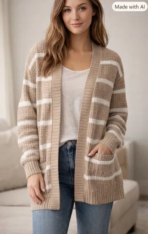American Eagle Tan & White Striped Open Front Knit Cardigan Sweater Size S thumbnail 1