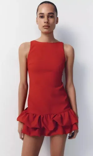 Zara bodysuit dress Red Ruffle skirt bodycon formal evening date coctail thumbnail 13