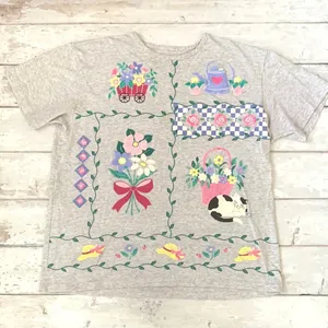 Women’s L/G Gray Short Sleeve Gardening Flower Cat Shirt 100% Cotton Size Large thumbnail 1