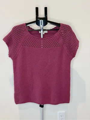 LOFT Berry Mauve Open Knit Short Sleeve Sweater Top Size L thumbnail 2