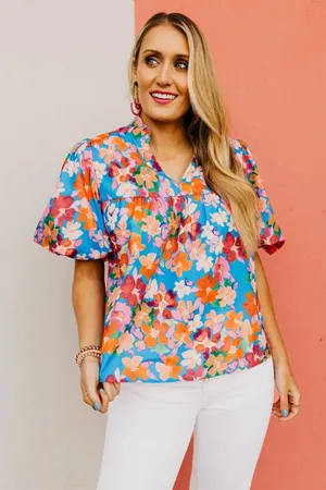 Pants Store Womens Floral Puff Sleeve Babydoll Blouse Blue Orange XS thumbnail 1