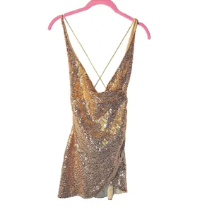 NWT Gold Sequin Backless Mini Dress Cowl Neck‎ Bodycon Party Cocktail Small thumbnail 3