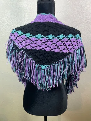 Womens Handmade OS Crochet Triangle Shawl Black Purple Aqua Fringe Boho Wrap thumbnail 1