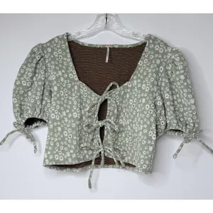 Free People Sweet Sun Crop Top Sz M Green Floral Girlcore Boho Cottagecore Chic thumbnail 2