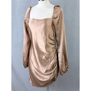NWT Emory Park Bronze‎ Satin Ruched Mini Dress Square Neck Long Sleeve L thumbnail 2