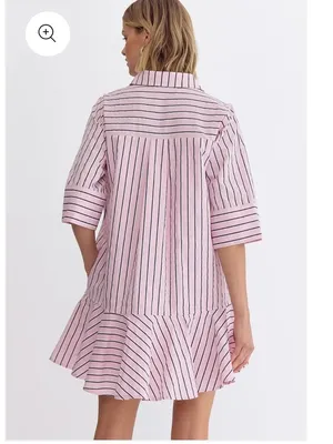 Entro Pink White and Navy Parker Striped Ruffle-Hem Mini Shirt Dress Size S thumbnail 16