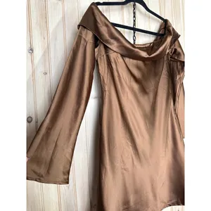 NWT Lulus Luxurious Vision Brown Satin Off-the-Shoulder Mini Dress Party Size L thumbnail 5