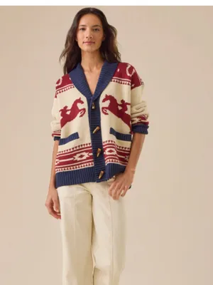 NWOT Altar'd State Bonnie Horse Knit Cream Navy Shawl Collar Cardigan Western thumbnail 5