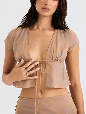 House of CB Maia Shimmer Cafe Au Lait Tie Front Top XS thumbnail 7