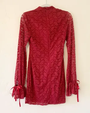 Revolve Lovers + Friends Talia Lace Long Bell Sleeve Mini Dress in Ruby Red thumbnail 3