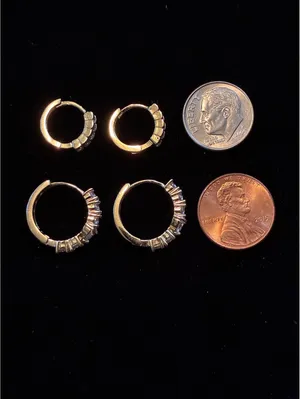Gold tone CZ Huggie Hoops | Baguette + Round Crystals thumbnail 7