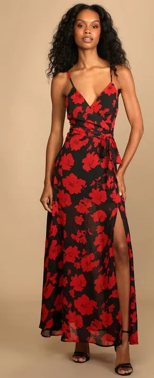 Lulus Best Occasion Black Red Floral Print Front Slit Party Event Maxi Dress S thumbnail 1