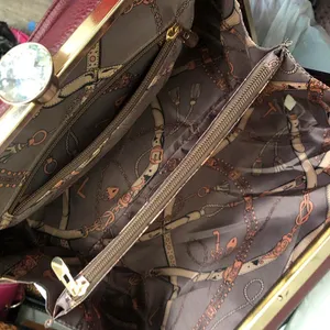 Burgundy Maroon red Hard shell leather hand bag purse satchel gold hardware faux diamond kiss lock Approx 11” wide x 8” tall x 6” deep thumbnail 4