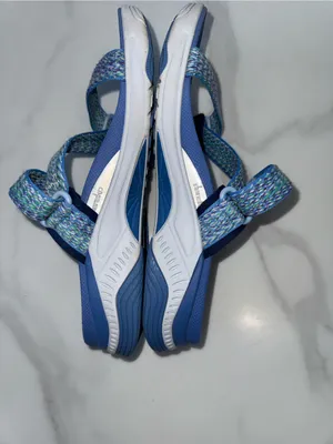 Dansko Light Blue Slide Sandals with Multicolor Woven Straps thumbnail 4