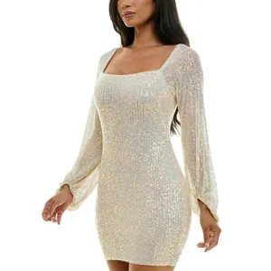 NWT Emerald Sundae Sequin Blouson-Sleeve Bodycon Mini Dress Cream Off White M thumbnail 3