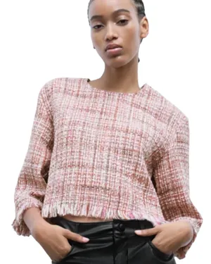 Zara Pink Tweed Top Blouse Zip Back Plaid Fringe Preppy M White Gray Cropped thumbnail 1