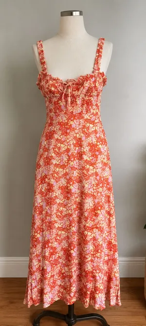 ASTR The Label Orange Floral Milkmaid Ruched Midi Dress Size M thumbnail 1