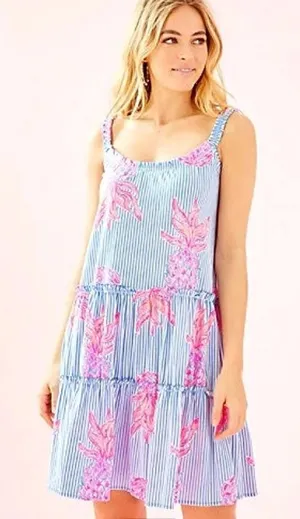 Lilly Pulitzer Dress Womens Small Blue Pink Striped Pineapple Tiered Knit 001688 thumbnail 1