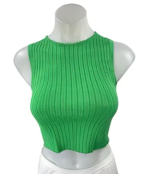 Zara Women's Green Sleeveless Crew Neck Ribbed Knit Sweater Vest Crop Top Size S thumbnail 1
