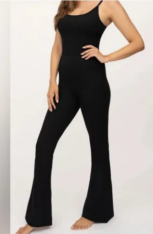 Yogalicious Lux Black Rib Scarlett Flare Jumpsuit size L thumbnail 1