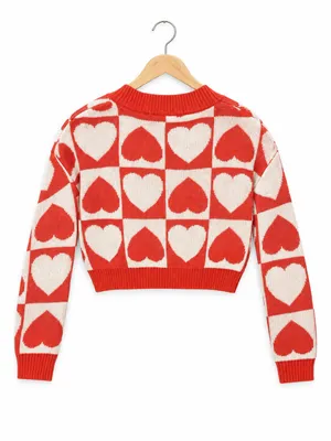 NWT Madden NYC Small Red Cream Heart print Vneck Cropped Knit valentine sweater thumbnail 3