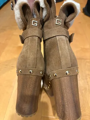 Guess Women's Damina Platform Wood Clog Booties boots suede tan sz 9 thumbnail 3