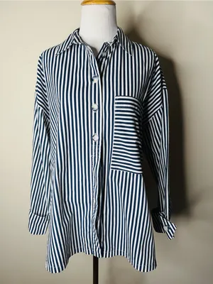 Zara Blue and White Striped Poplin Button Down thumbnail 2