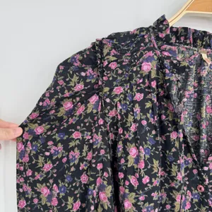 Free People Meant to Be Blouse Medium Black Floral Boho Romantic Puff Sleeve Top thumbnail 5