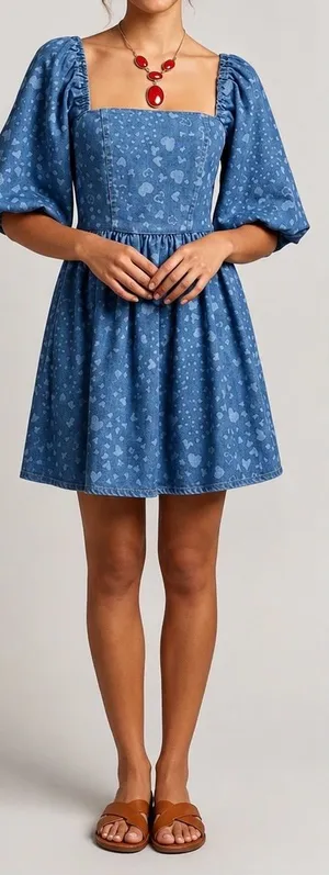 Avec Les Filles Heart Print Denim Mini Dress Bow Back Puff Sleeve XS $149 thumbnail 1