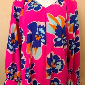 Vibrant Floral Blouse with Blue Accents thumbnail 1