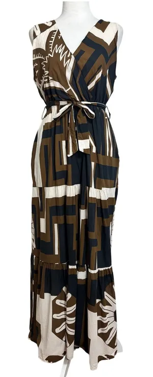 CIVICO 51 Maxi Dress Brown Black Geometric Floral Tiered Boho Made in Italy L thumbnail 1