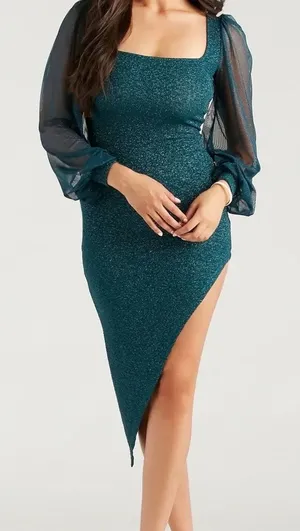 WINDSOR Teal Green Make It Shimmer Glitter Asymmetric Sheer Midi Dress Small thumbnail 1