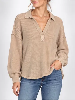 Aerie Women’s Shirt Top Waffle V Neck Oversized Tan Cotton Blend Size XXS thumbnail 1
