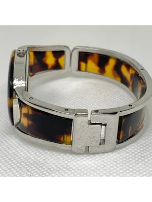 Narmi silver tone Tortoise shell cuff bracelet watch mop dial 28mm 6.5” running thumbnail 3