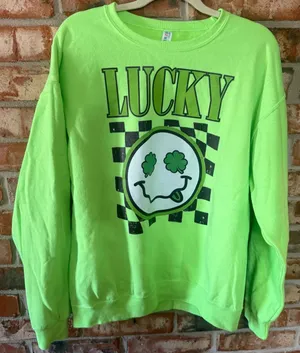 Jerzees Neon Green 'Lucky' Graphic Crewneck Sweatshirt thumbnail 1