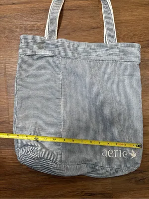 Aerie Striped Canvas Tote Bag Blue White Pocket Casual Beach Shopping Bag thumbnail 4