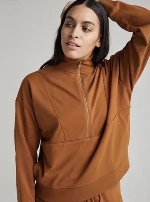 Richer Poorer‎ Terry Half Zip Pullover in Woodgrain Tan Brown Women's Size Small thumbnail 1