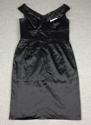 White House Black Market Dress Womens 12 Black Satin Sheath V-Neck Knee Length thumbnail 1