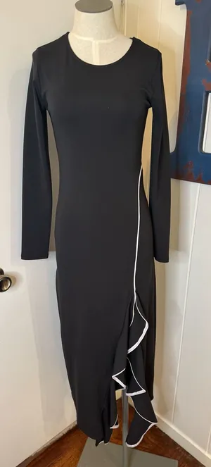 Zara Black Long Sleeve Ruffle-Trim Maxi Dress with White Piping Sz S thumbnail 1