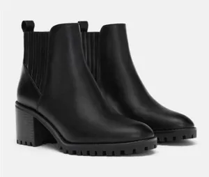 Zara Leather Black Lug Sole Heeled Chelsea Ankle Boots 8 thumbnail 1