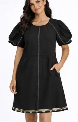 Anthropologie En Saison black embroidered puff sleeve exposed stitching dress large thumbnail 1