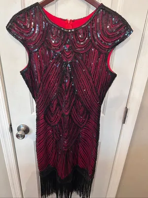 Flapper Dress 1920 Beaded/Fringed/Sequins Size L Black/Red thumbnail 1
