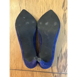 Anthropology Lien Do Blue Suede Pointed Toe Stiletto Pump Pom Pom Slip On US 7 thumbnail 8