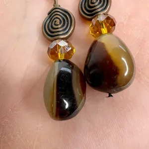 Natural Stone & Antiqued Brass Swirl Amber Faceted Bead Dangle Pierced Earrings thumbnail 6