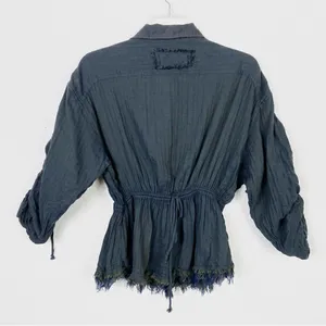 Free People Pacific Dawn Dark Grey Distressed Fitted Waist Scrunched Sleeve Top thumbnail 5