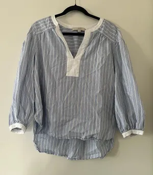 Loft Blue White Stripe Popover Peasant Top Large Coastal Nantucket Euro Summer thumbnail 1