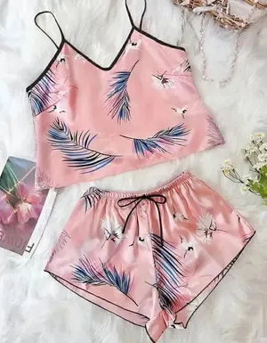 Bohemian Retro Plant Print Pajama Set, V Neck Cami Top & Short SZ L # 1636 thumbnail 1