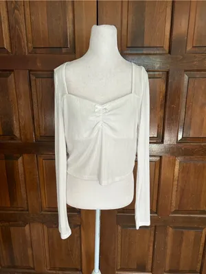 Ardene Pointelle Knit Long Sleeve Top Size XL White Ribbed Cinch Front Bow Y2K thumbnail 2