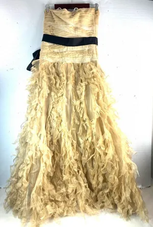 Tadashi Shoji 8 Silk Elegant Ruffle Strapless Formal Maxi Dress in Golden Beige thumbnail 1