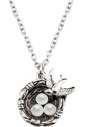 New Womens Vintage Inspired Silver Mama Bird W 3 Pearl Eggs 3 Kids Nest Necklace thumbnail 1